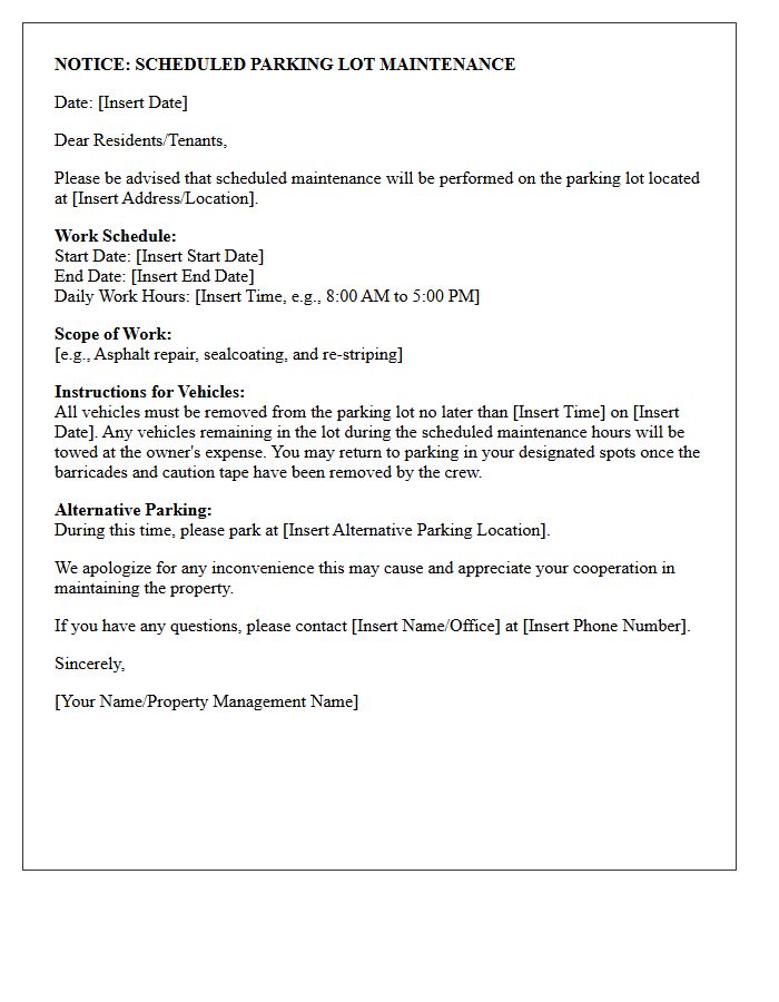 Scheduled Parking Lot Maintenance Letter
