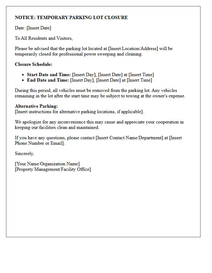Temporary Parking Lot Closure for Sweeping Letter