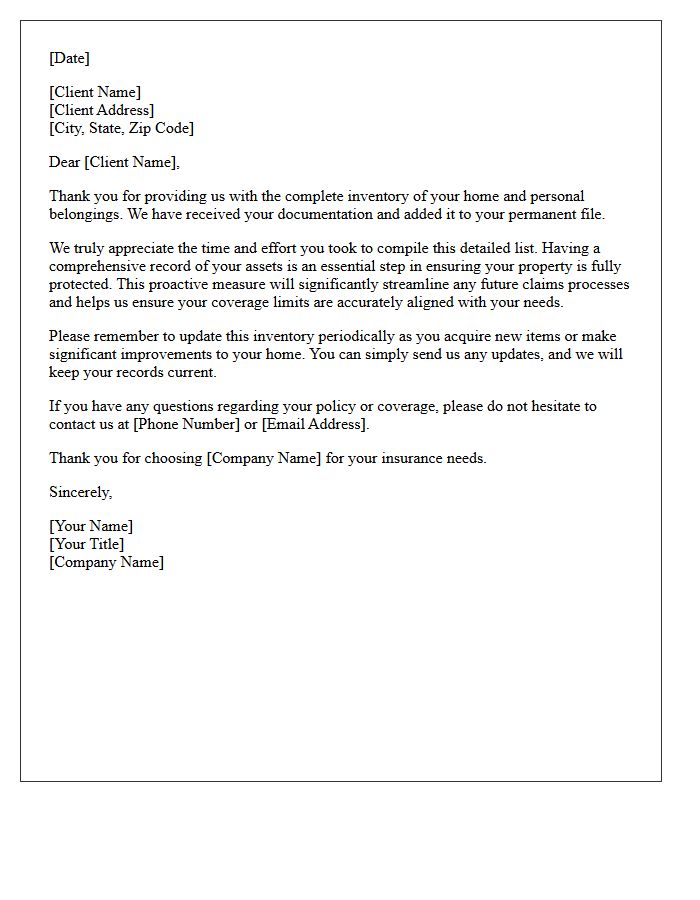 Client Appreciation Letter for Providing a Complete Home Inventory