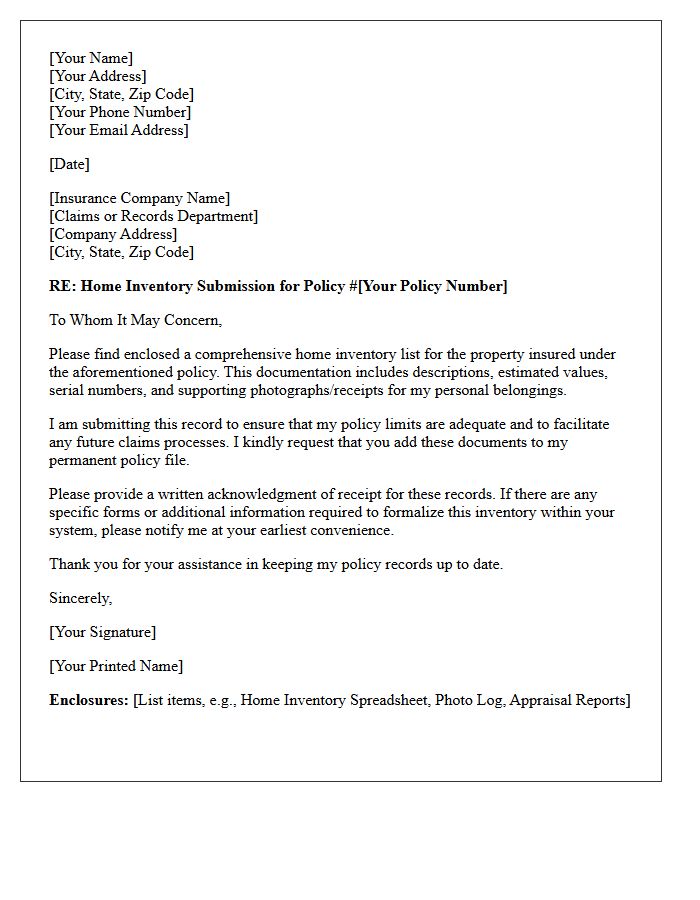 Home Inventory Acknowledgment Letter for Your Insurance Policy