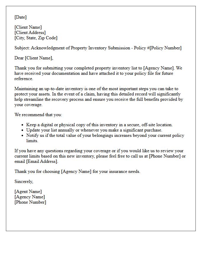 Insurance Agency Thank You Letter for Your Property Inventory Submission