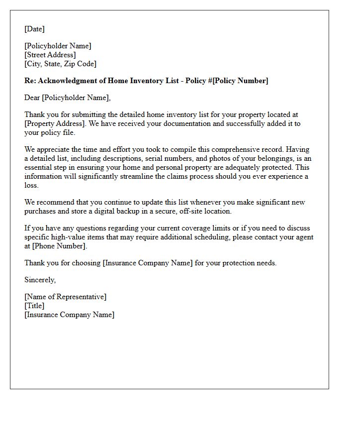 Insurance Coverage Thank You Letter for Your Detailed Home Inventory List