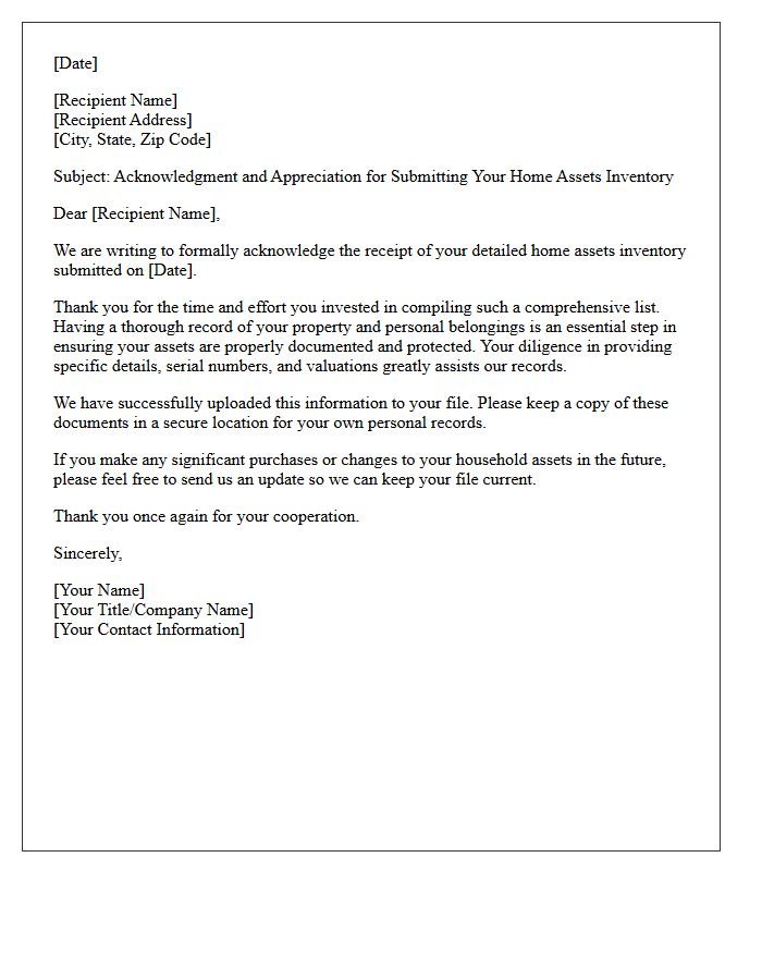 Letter of Appreciation for Submitting Your Detailed Home Assets
