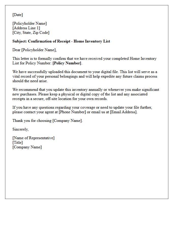 Letter of Confirmation for Your Home Inventory List Submission
