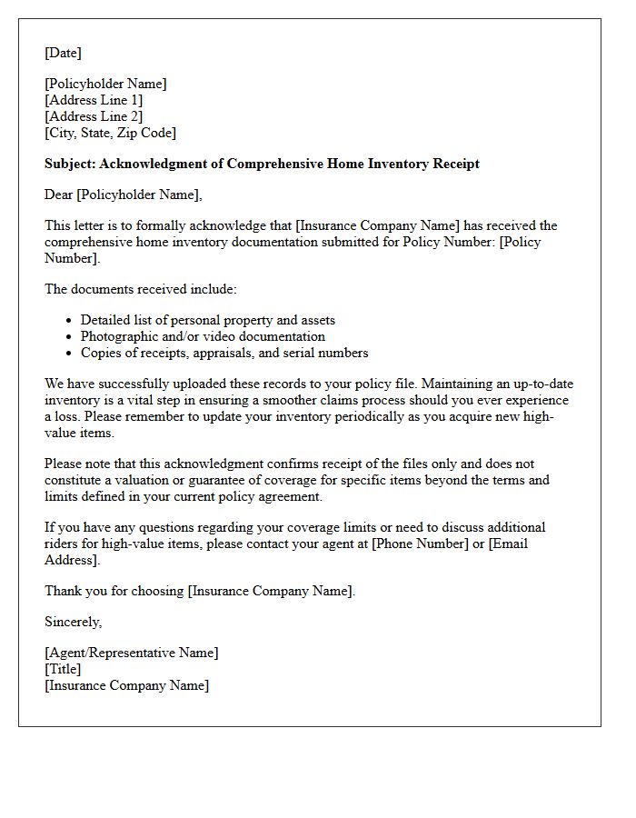 Policyholder Acknowledgment Letter for Comprehensive Home Inventory Receipt