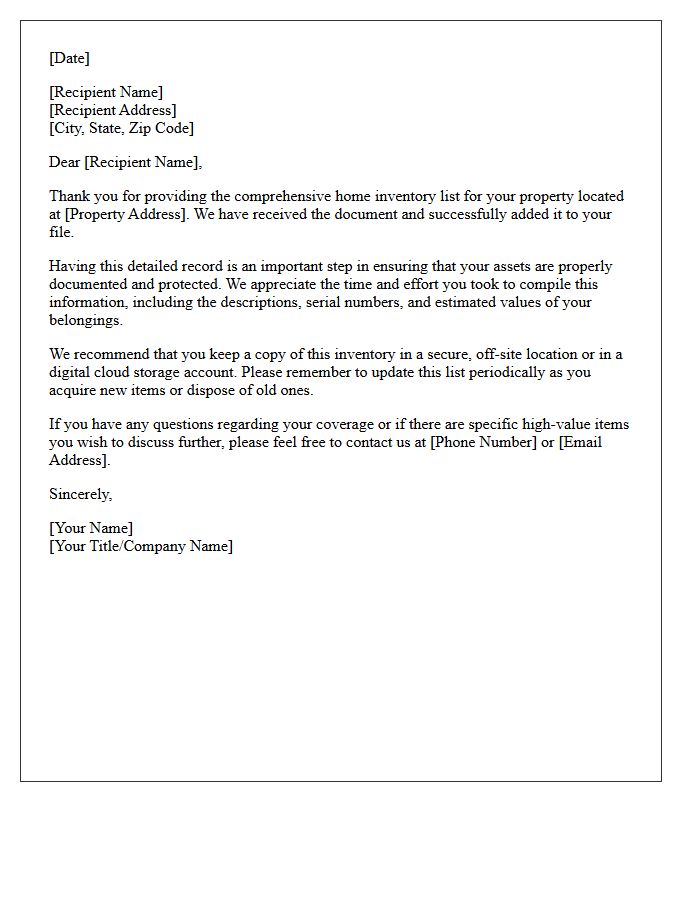 Thank You Letter for Providing Your Comprehensive Home Inventory List