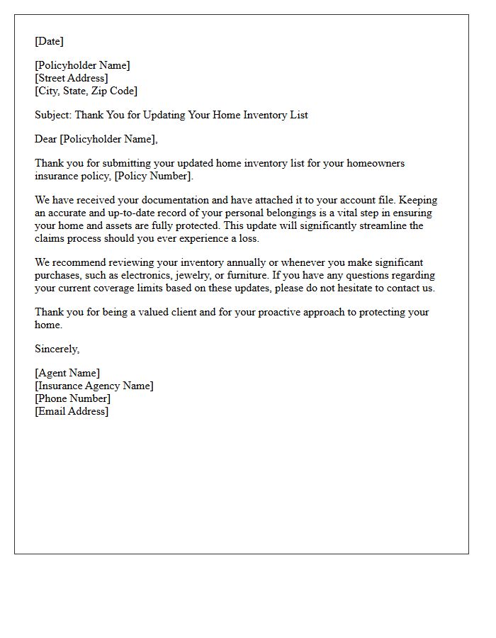 Thank You Letter for Updating Your Homeowners Insurance Inventory List