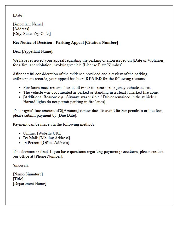 Appeal Denied Fire Lane Parking Violation Letter