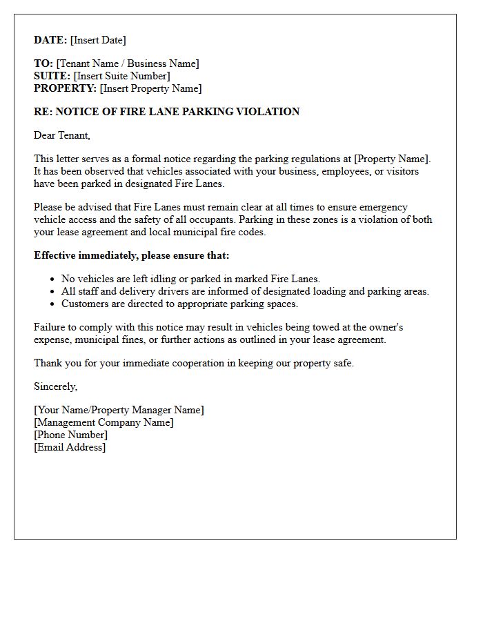 Commercial Tenant Fire Lane Parking Notice Letter