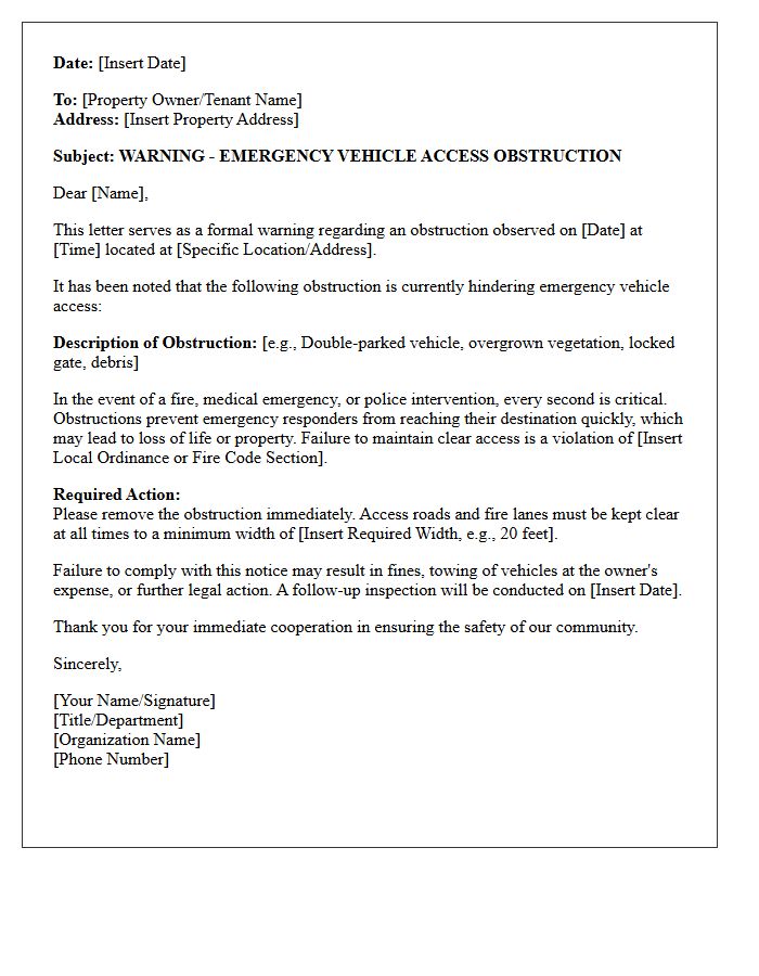 Emergency Vehicle Obstruction Warning Letter