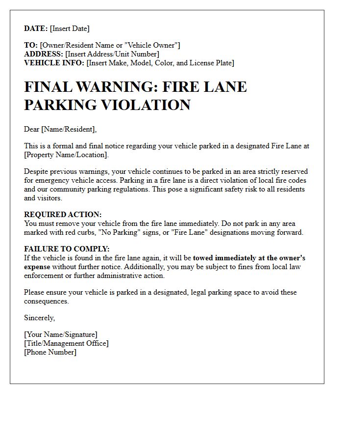Final Warning Fire Lane Parking Violation Letter