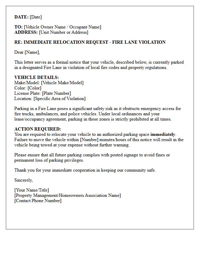 Immediate Relocation Request Fire Lane Violation Letter