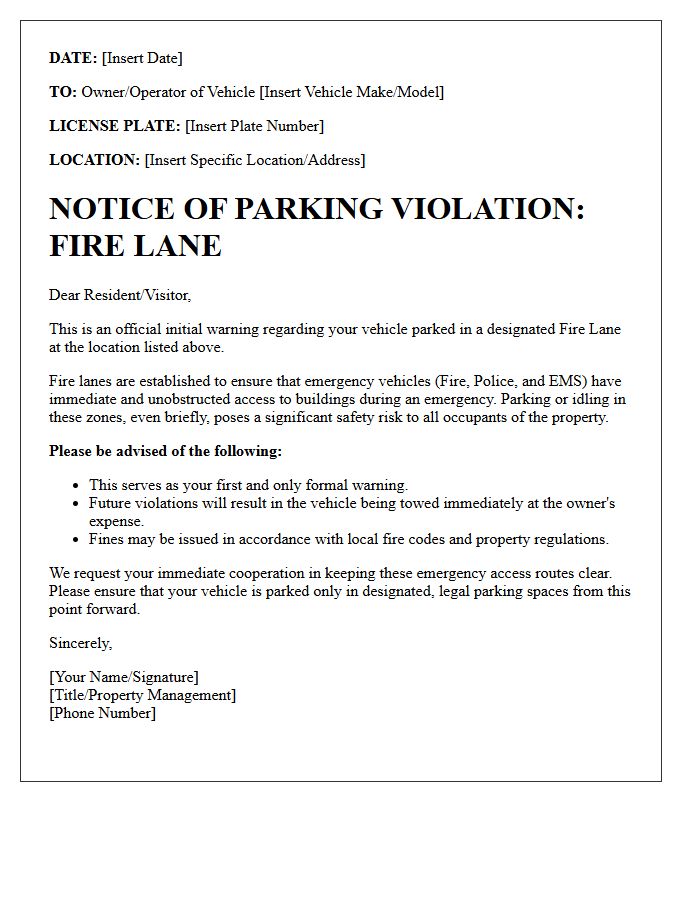 Initial Warning Fire Lane Parking Violation Letter