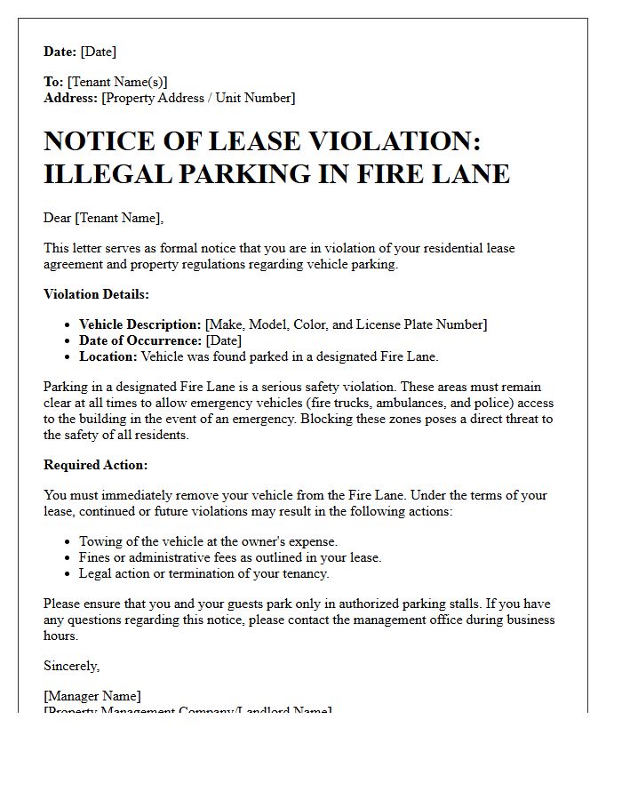 Notice of Lease Violation for Fire Lane Parking Letter