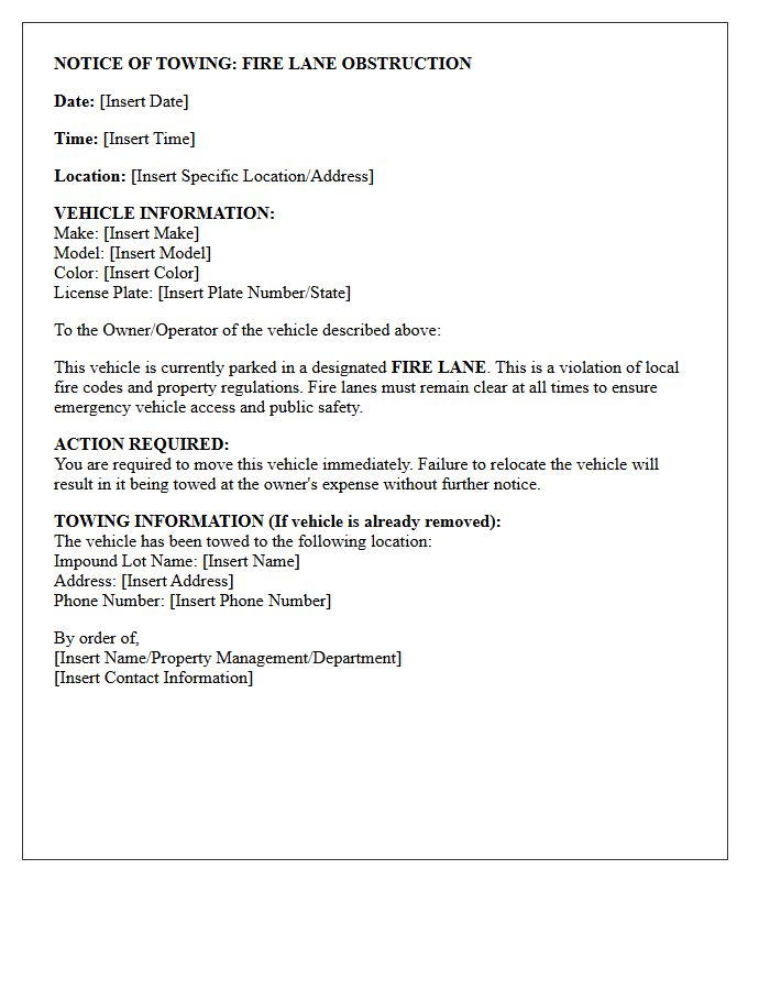 Notice of Towing for Fire Lane Obstruction Letter