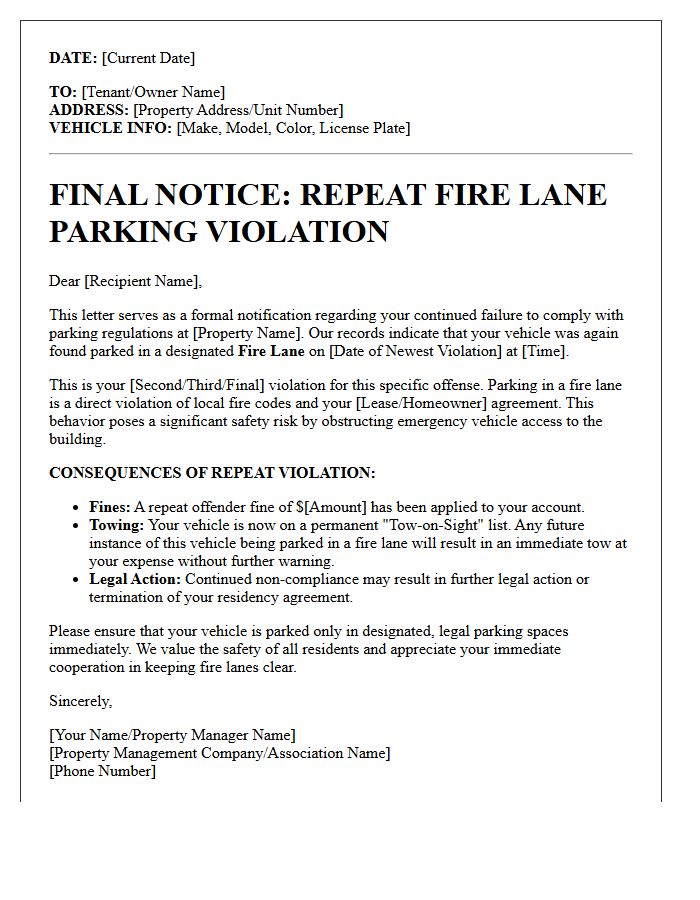 Repeat Offender Fire Lane Parking Violation Letter