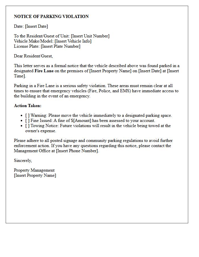 Residential Guest Fire Lane Violation Letter