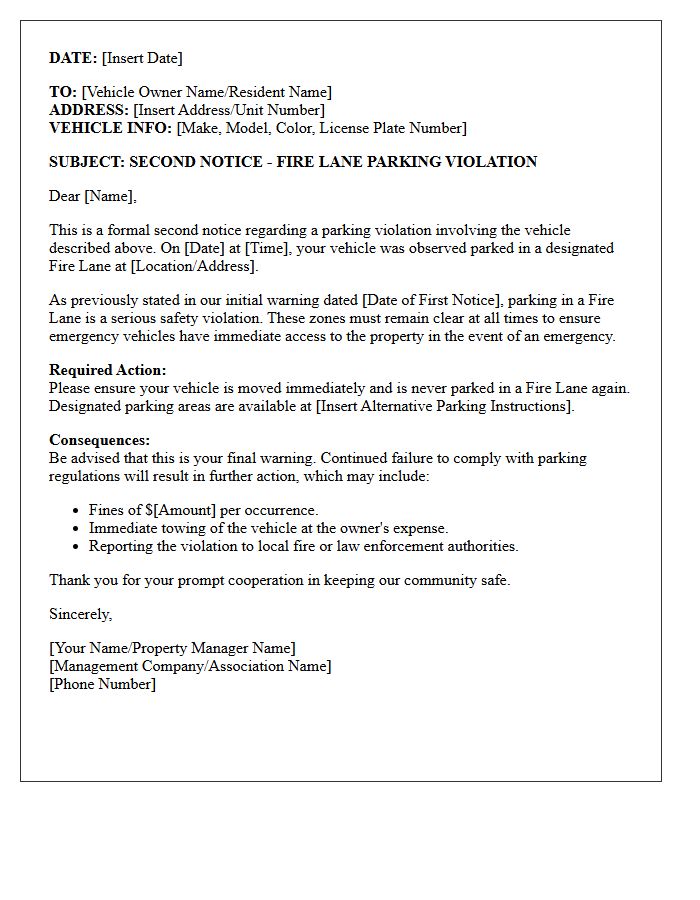Second Notice Fire Lane Parking Violation Letter