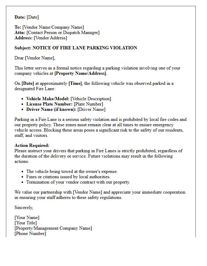 Vendor Fire Lane Parking Violation Letter