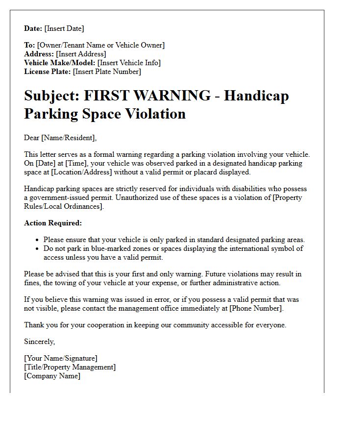 First Warning Letter For Handicap Parking Space Violation