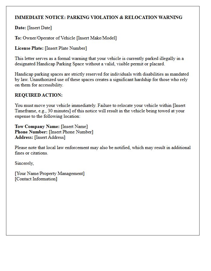 Immediate Relocation Warning Letter For Handicap Parking