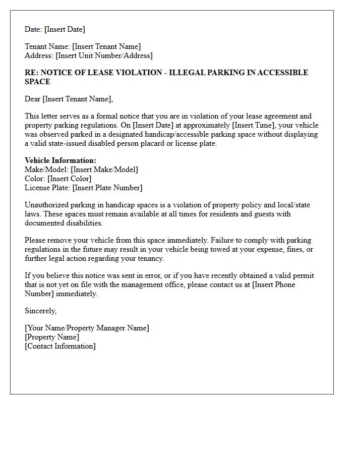 Lease Violation Letter For Illegal Handicap Parking