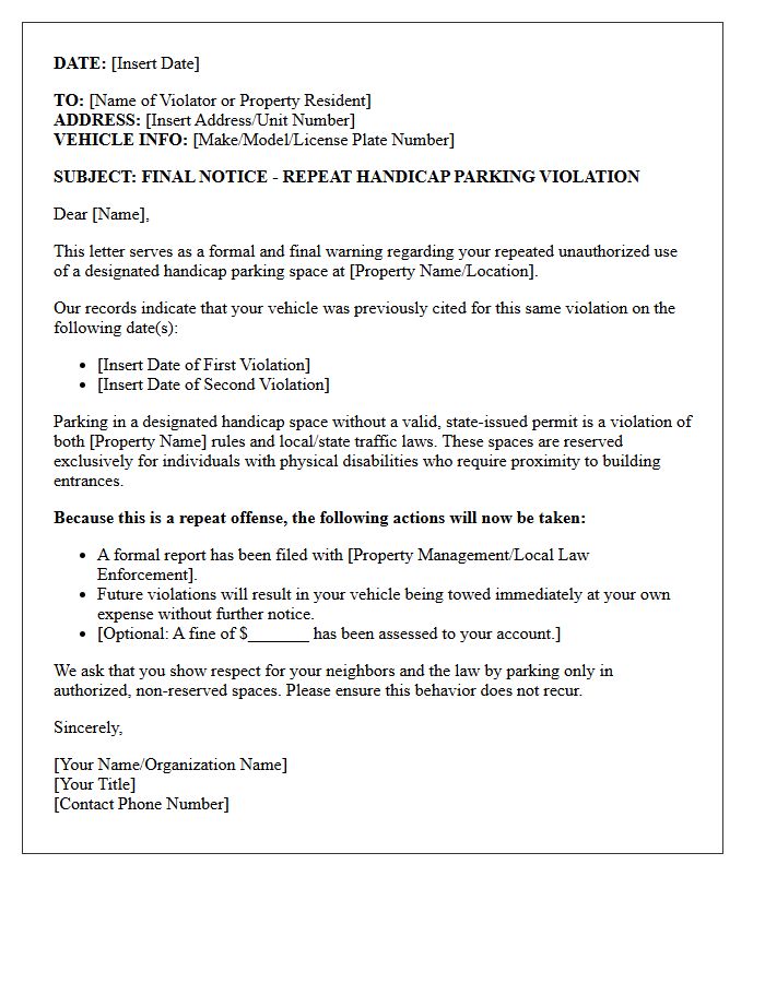 Repeat Offender Letter For Handicap Parking Space Violation
