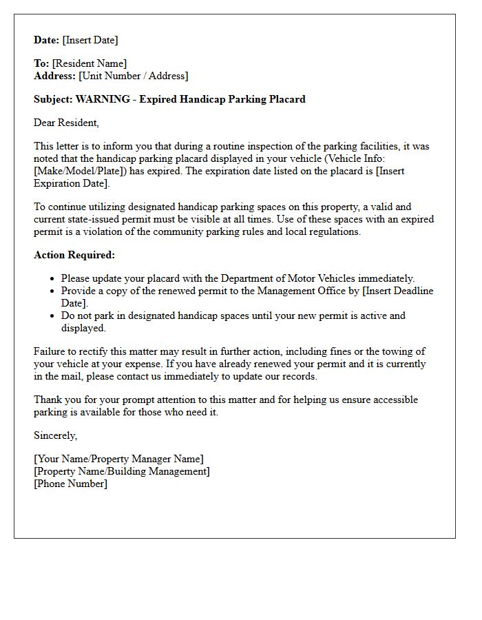 Resident Warning Letter For Expired Handicap Parking Placard