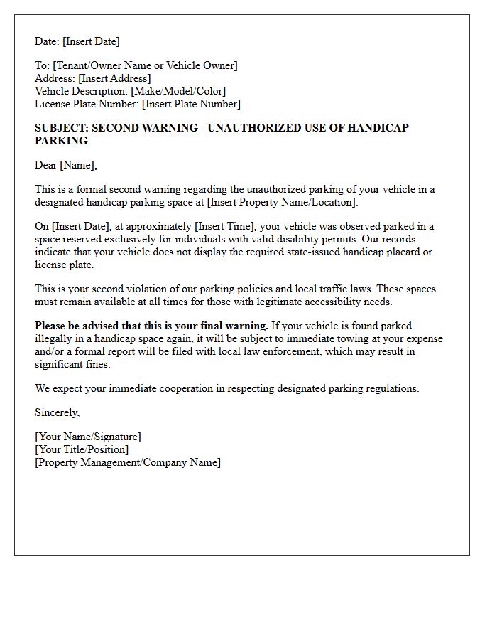 Second Warning Letter For Unauthorized Handicap Parking