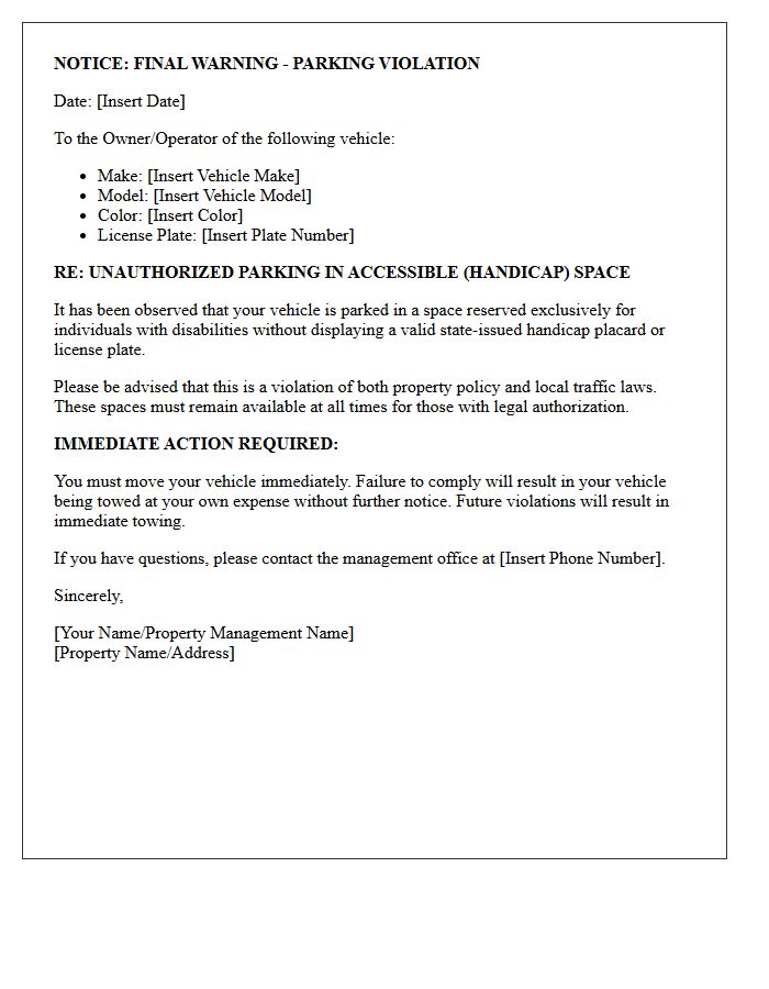 Vehicle Towing Warning Letter For Handicap Space Abuse