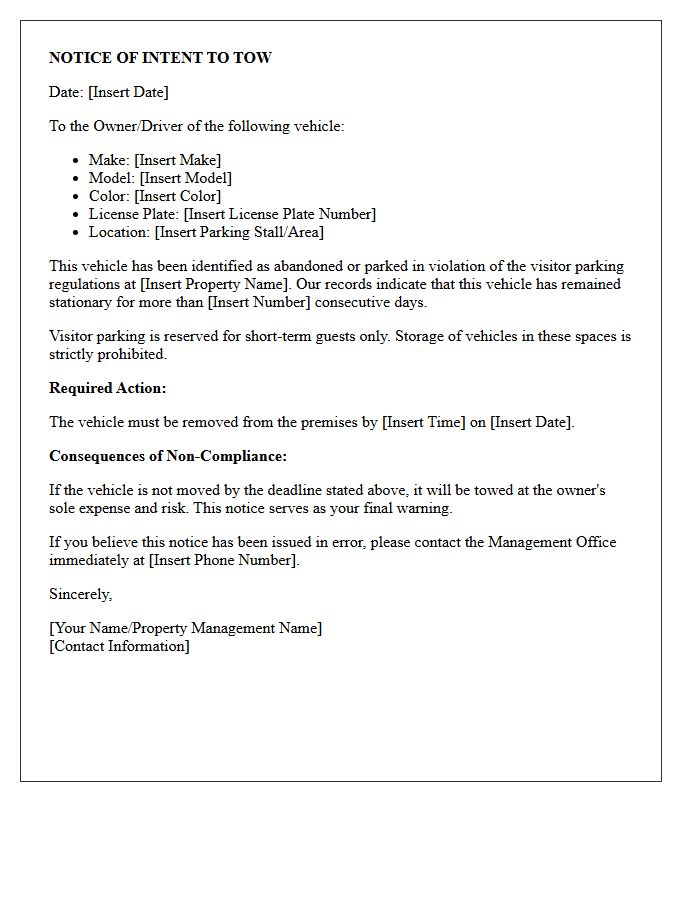 Abandoned Vehicle In Visitor Parking Notice Letter