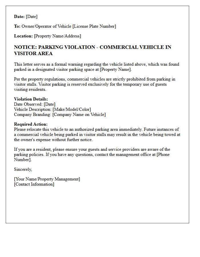 Commercial Vehicle In Visitor Parking Warning Letter