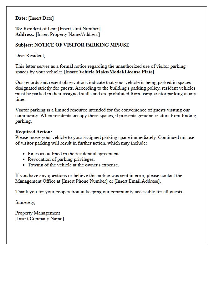 Resident Misuse Of Visitor Parking Space Letter