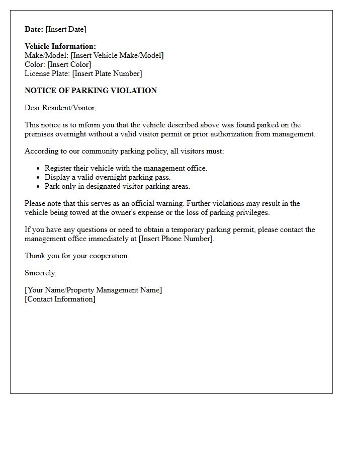 Unauthorized Overnight Visitor Parking Notice Letter