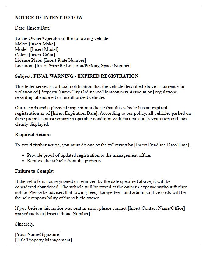 Abandoned Vehicle Warning Letter for Expired Registration