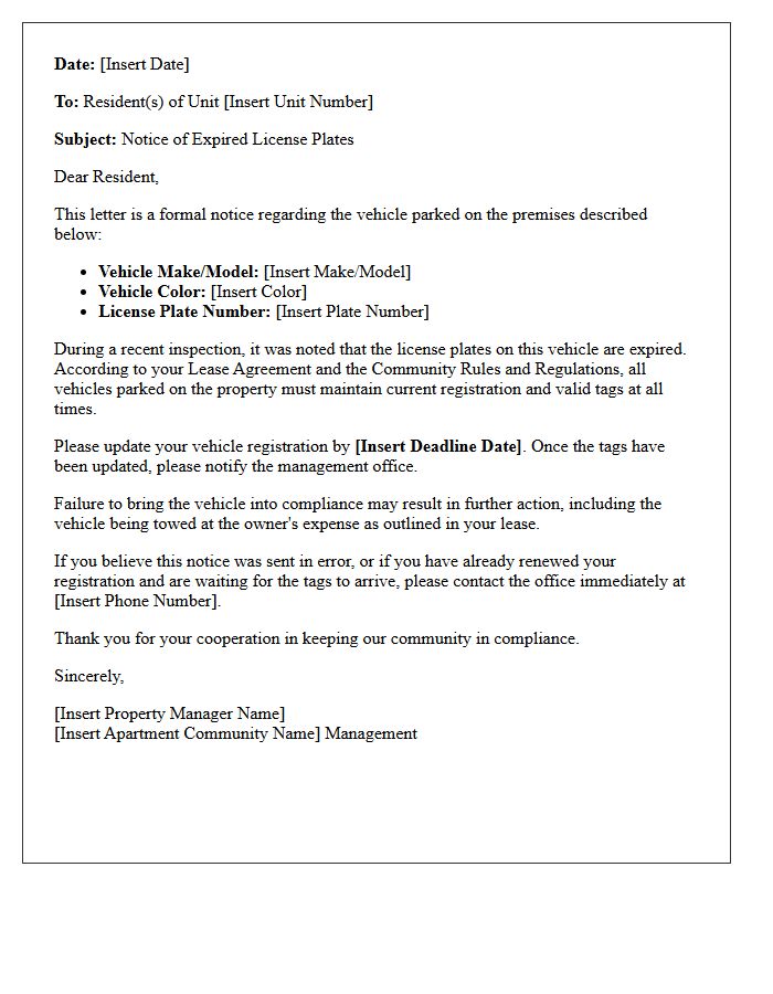Apartment Community Letter for Expired License Plates