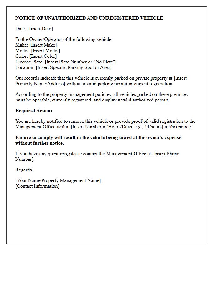 Commercial Property Letter for Unauthorized Unregistered Vehicle