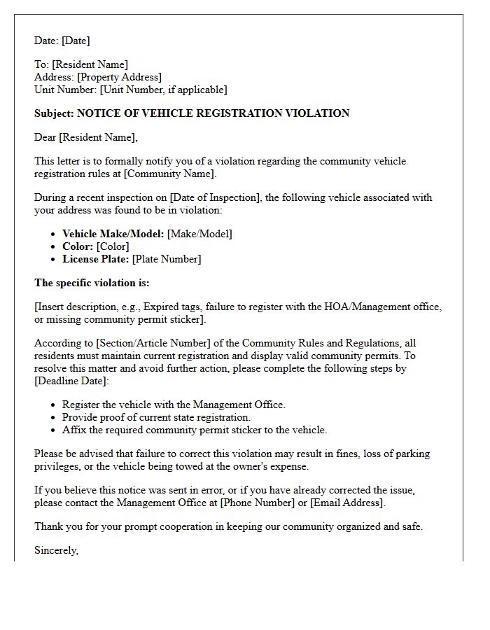 Community Rules Violation Letter Regarding Vehicle Registration