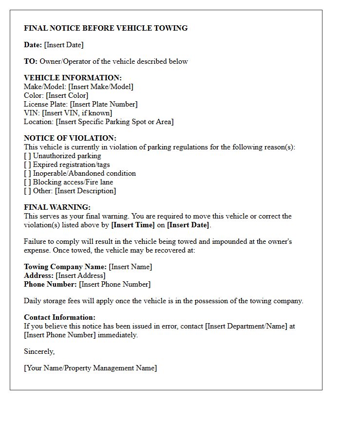 Final Notice Letter Before Vehicle Towing