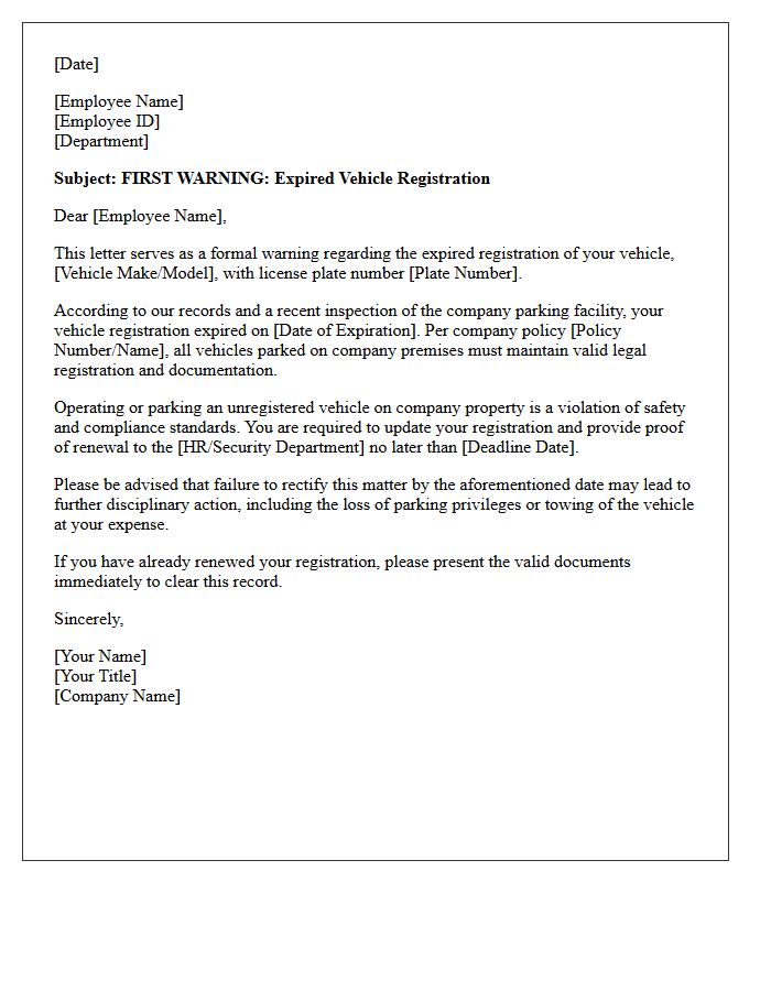 First Warning Letter for Expired Vehicle Registration