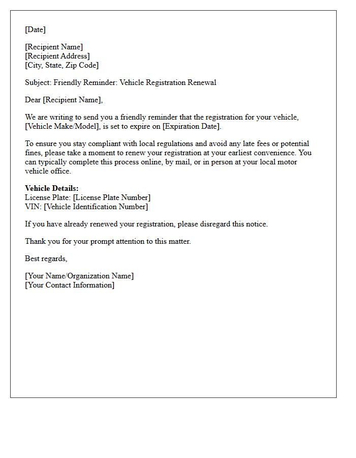Friendly Reminder Letter to Update Vehicle Registration
