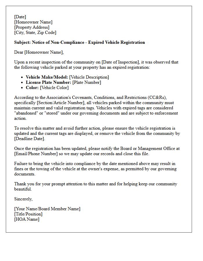 HOA Compliance Letter for Expired Vehicle Registration