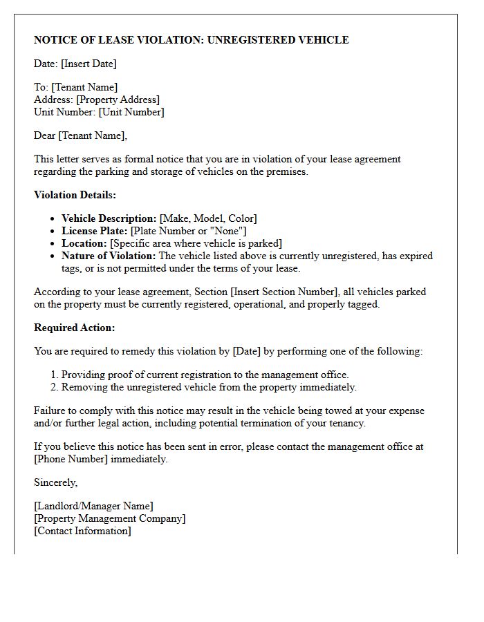 Notice of Lease Violation Letter for Unregistered Vehicle