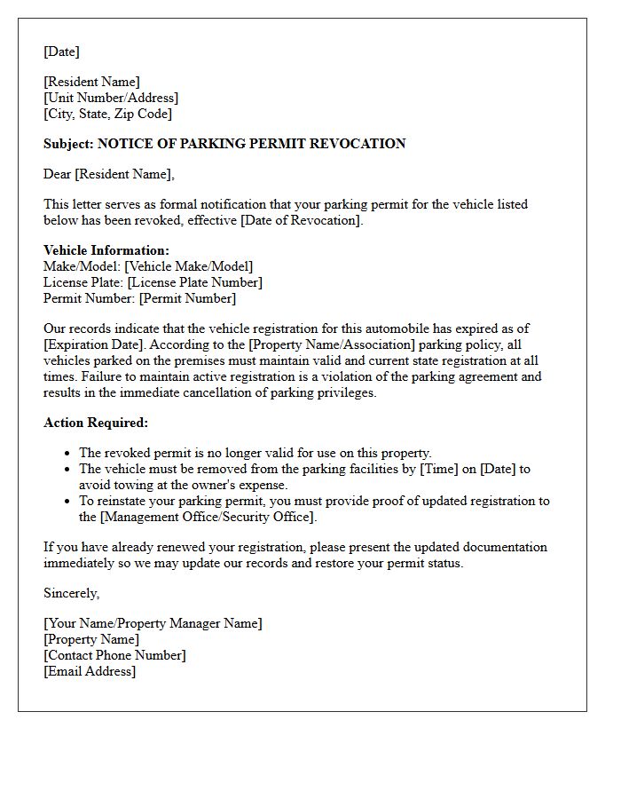 Parking Permit Revocation Letter Due to Expired Registration