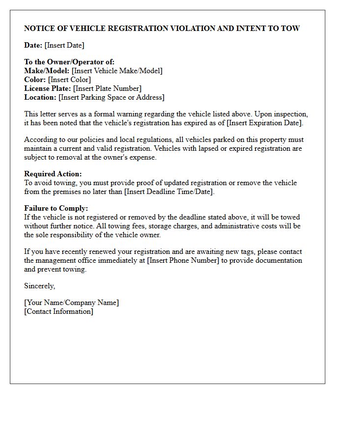 Vehicle Towing Warning Letter for Lapsed Registration