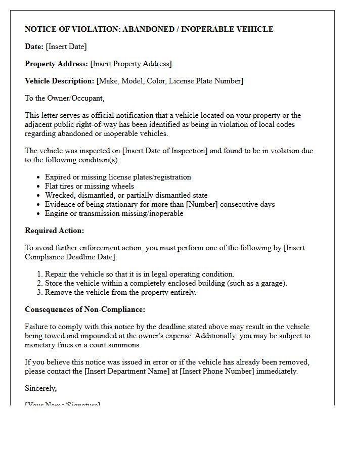 Abandoned and Inoperable Vehicle Violation Letter