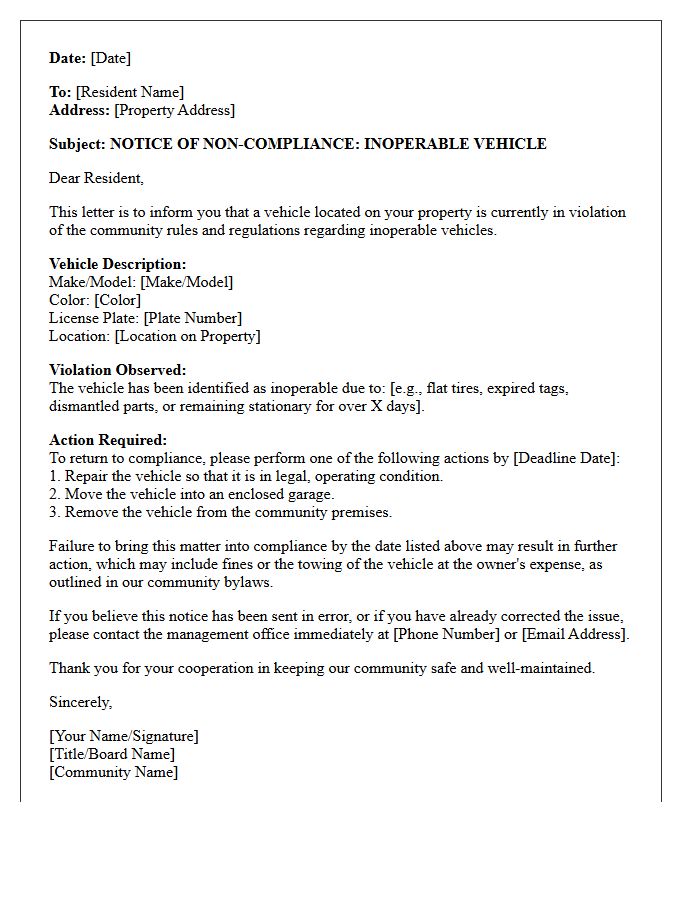 Community Rules Inoperable Vehicle Compliance Letter