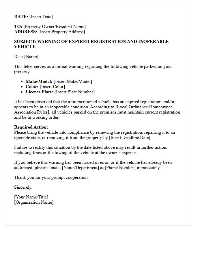 Expired Registration Inoperable Vehicle Warning Letter
