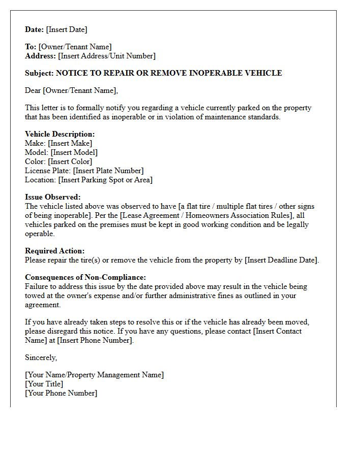 Flat Tire and Inoperable Vehicle Notice Letter