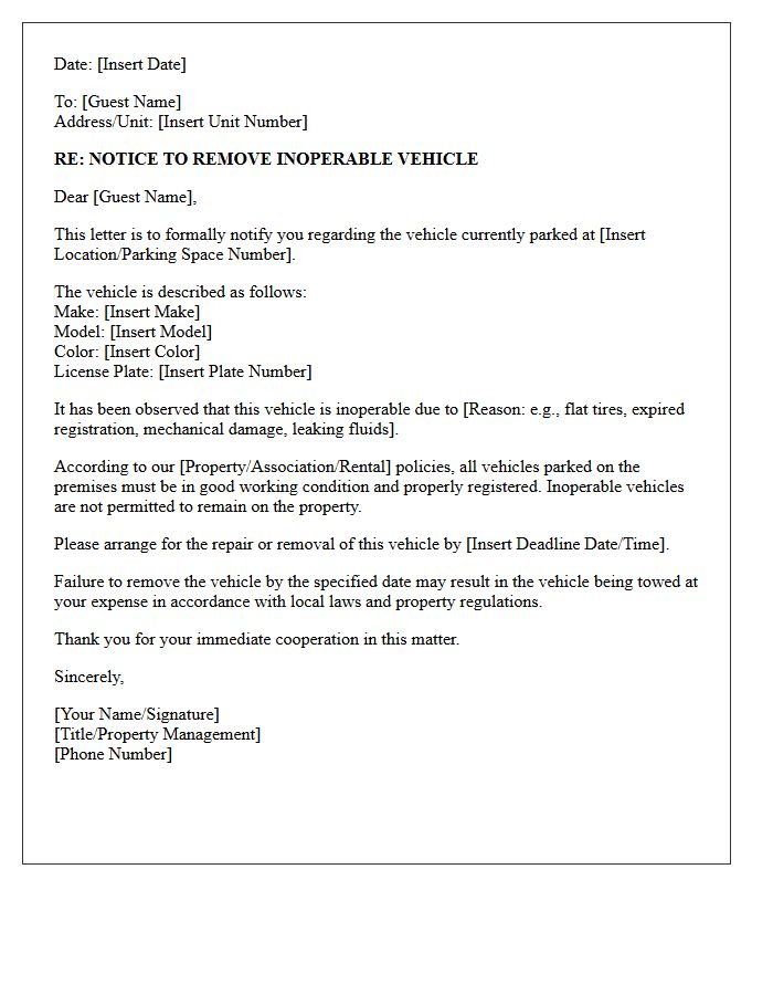 Guest Inoperable Vehicle Removal Request Letter